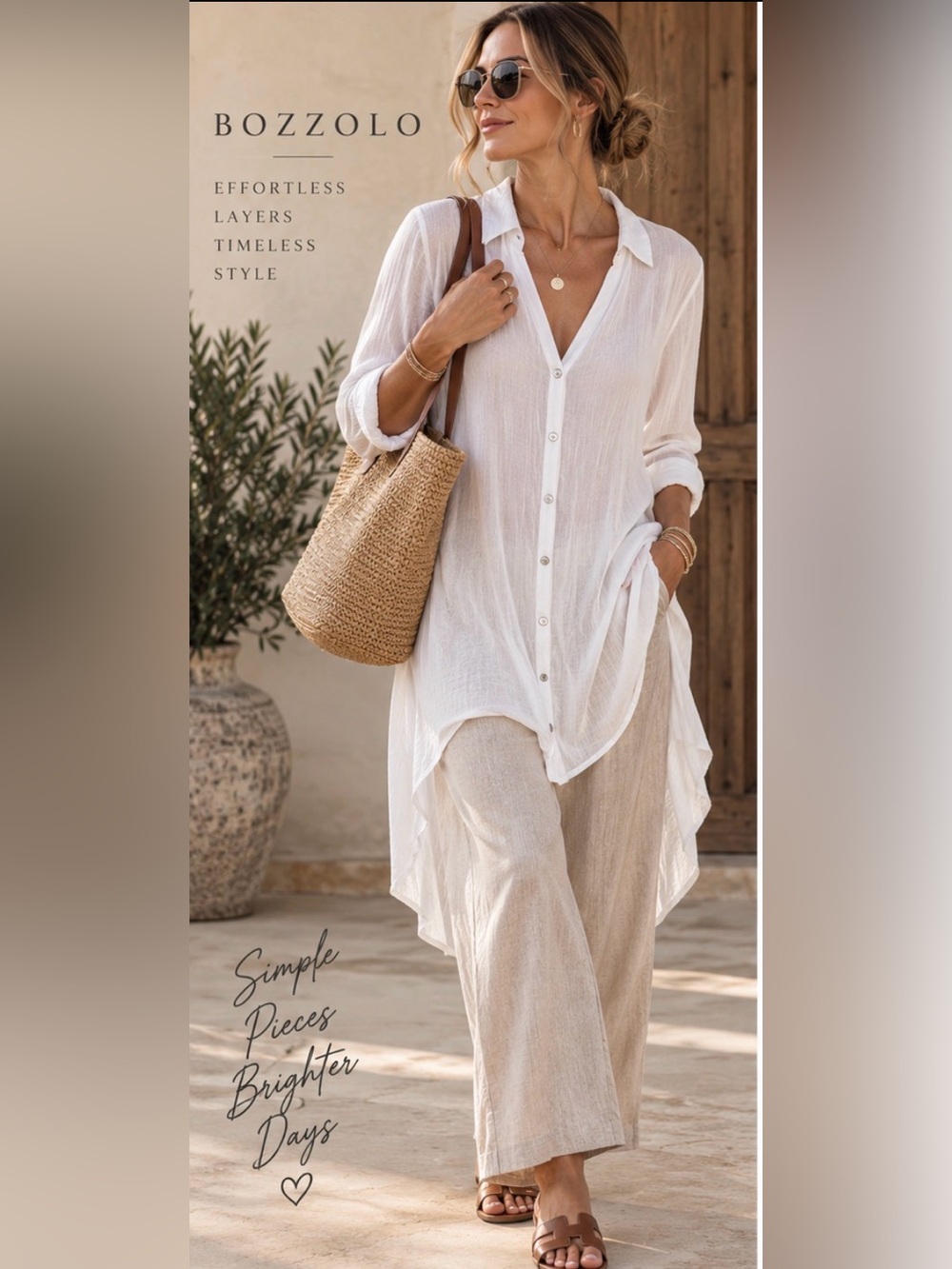 Bozzolo White High-Low Faux Button Front Tunic Top Size Large